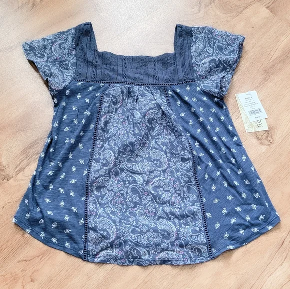 Rewind XS Blue Square Neck Flutter Sleeve Top Boho Paisley Blouse - Picture 2 of 9